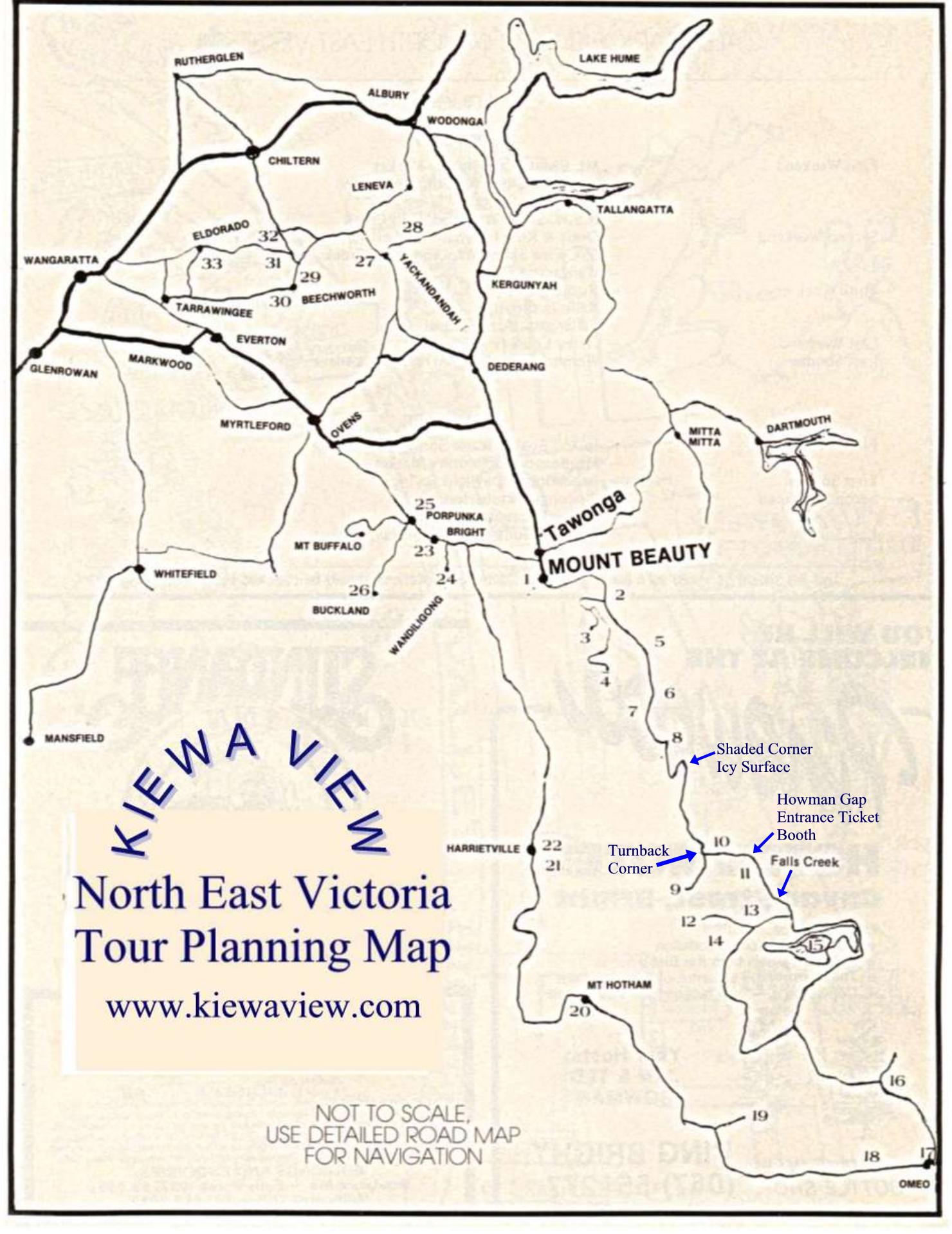 North East Victoria touring map including road to Falls Creek